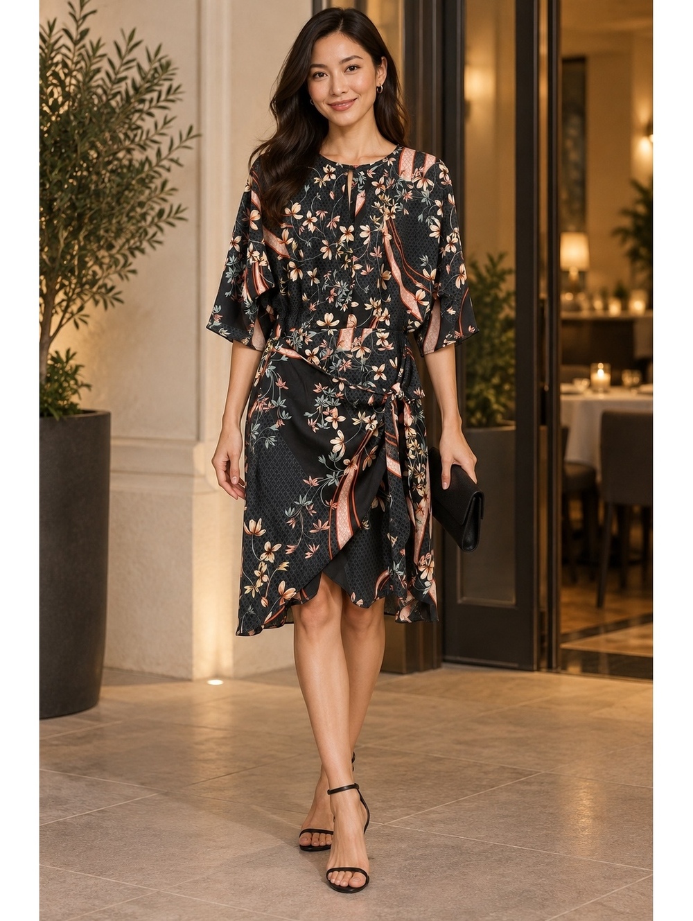London Times Navy Floral Wrap Style Dress US 10